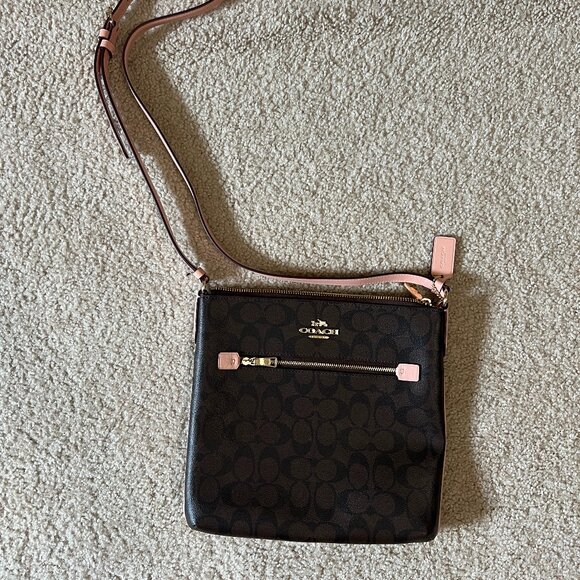 Coach Rowan File Bag, Signature Canvas and Shell Pink Trim - Picture 1 of 7